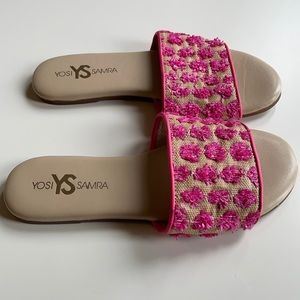 Pink raffia flat slide sandal
